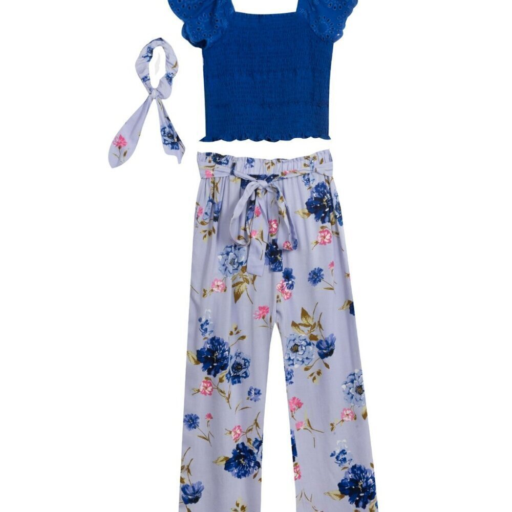 Big Girls 2 Piece Smocked Flutter Top and Printed Chiffon Pant Set - Picture 9 of 9